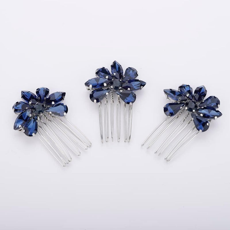 Rumtock 3pcs Blue Rhinestones Hair Comb Set for Wedding Brides Bridesmaid Women Girls Handmade Sparkle Hair Piece Vintage Hair Styling Jewelry (Dark Blue) - Image 2